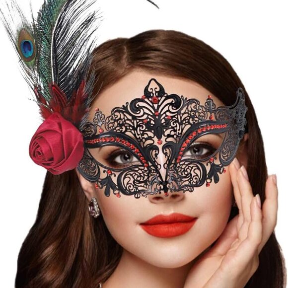 Feather Masquerade Mask Red Rhinestone Venetian Mask Flower Ball Masks for Women